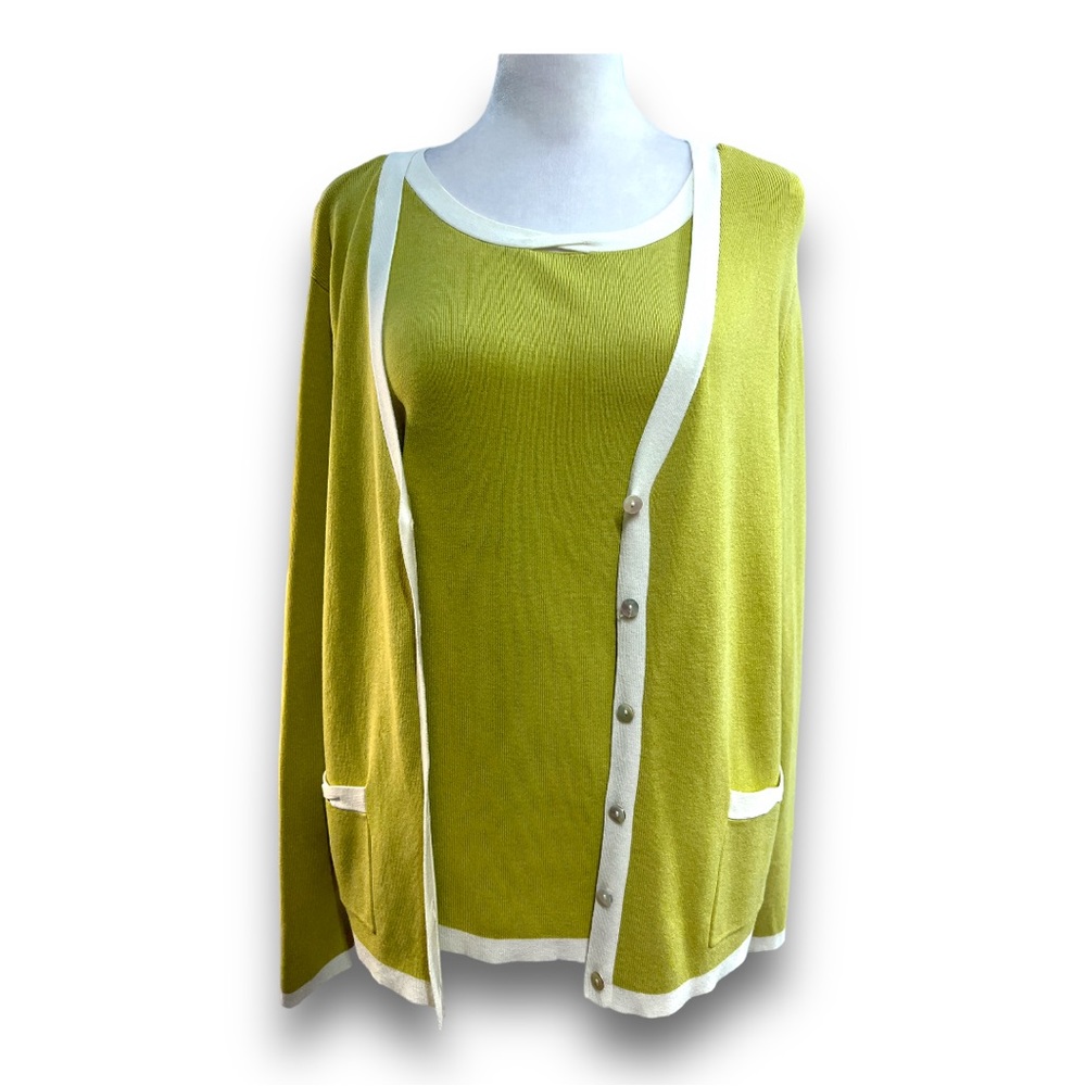 CHARTER CLUB Vintage Y2K Olive green white trim cardigan and tank top SZ L - Picture 8 of 16